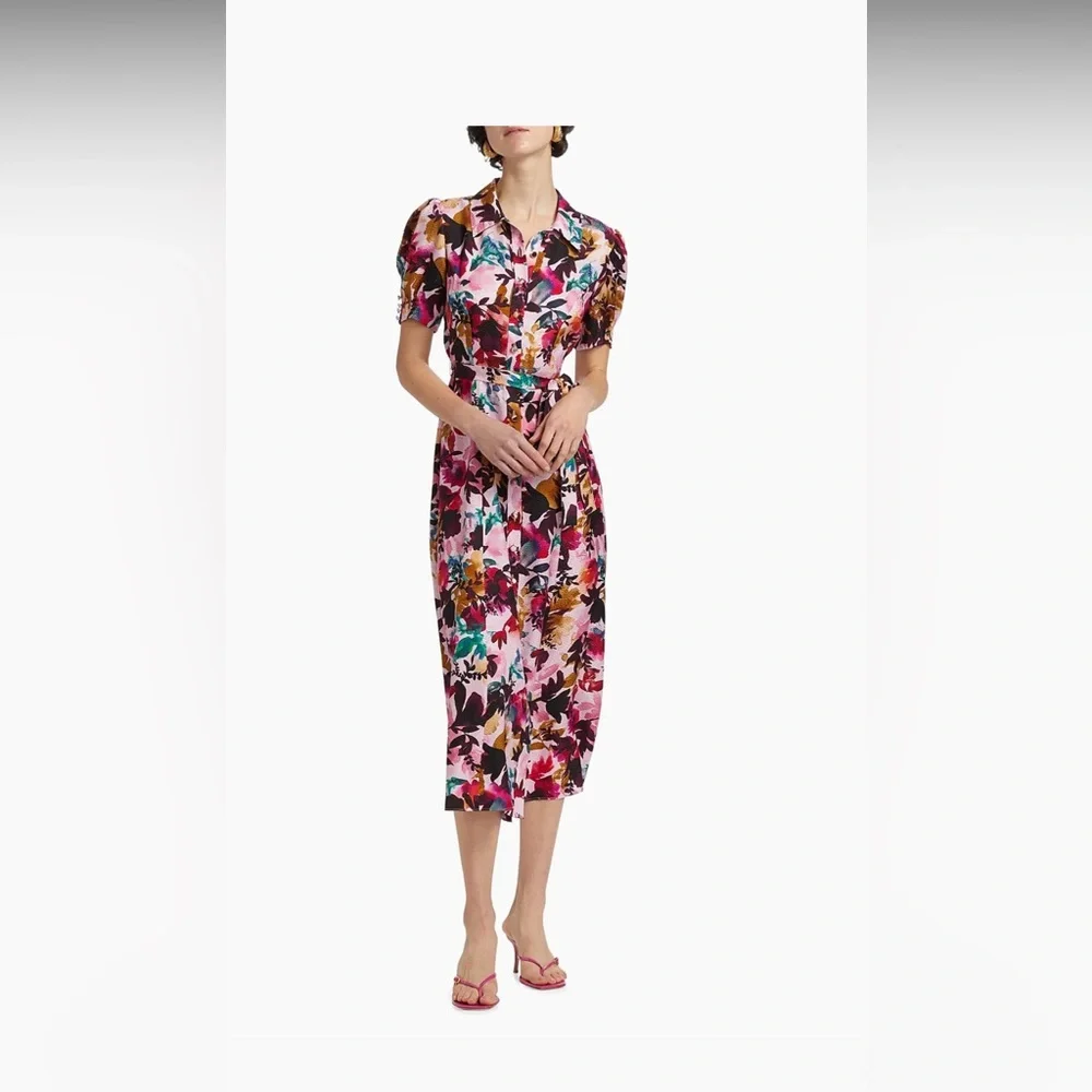 Saloni Vanessa Floral Silk Tie-Waist Shirtdress 4 NWT - Picture 6 of 10